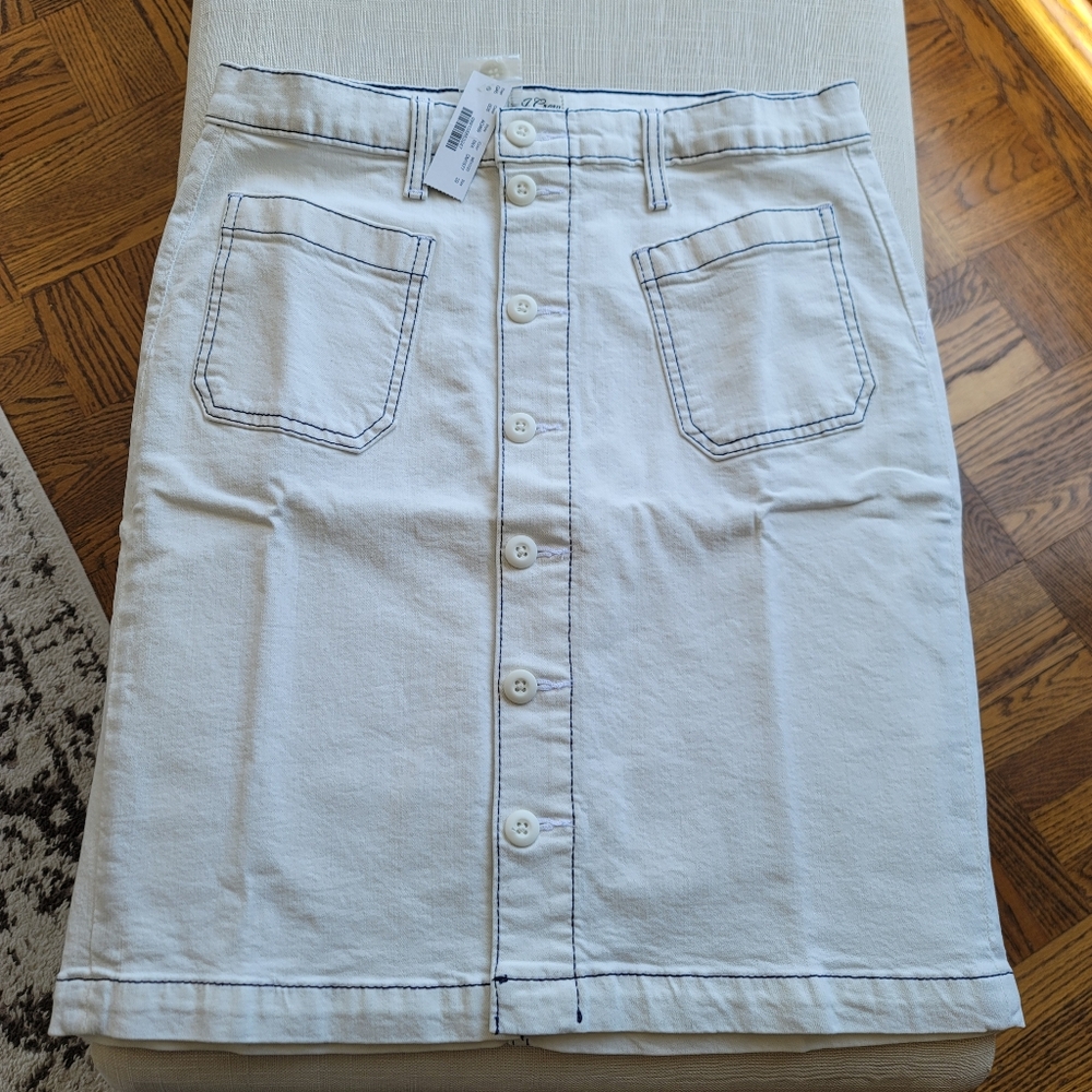 New! J.Crew Sz 29 (8) Denim Button-Front Skirt White Wash-Light Ivory/Navy NWT - Picture 2 of 9